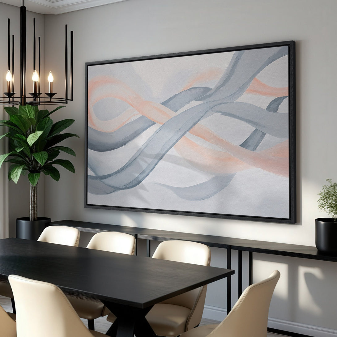 Framed Wall Art: Abstract watercolor print in gray and peach tones. Modern art canvas print adds a touch of elegance to any dining room.