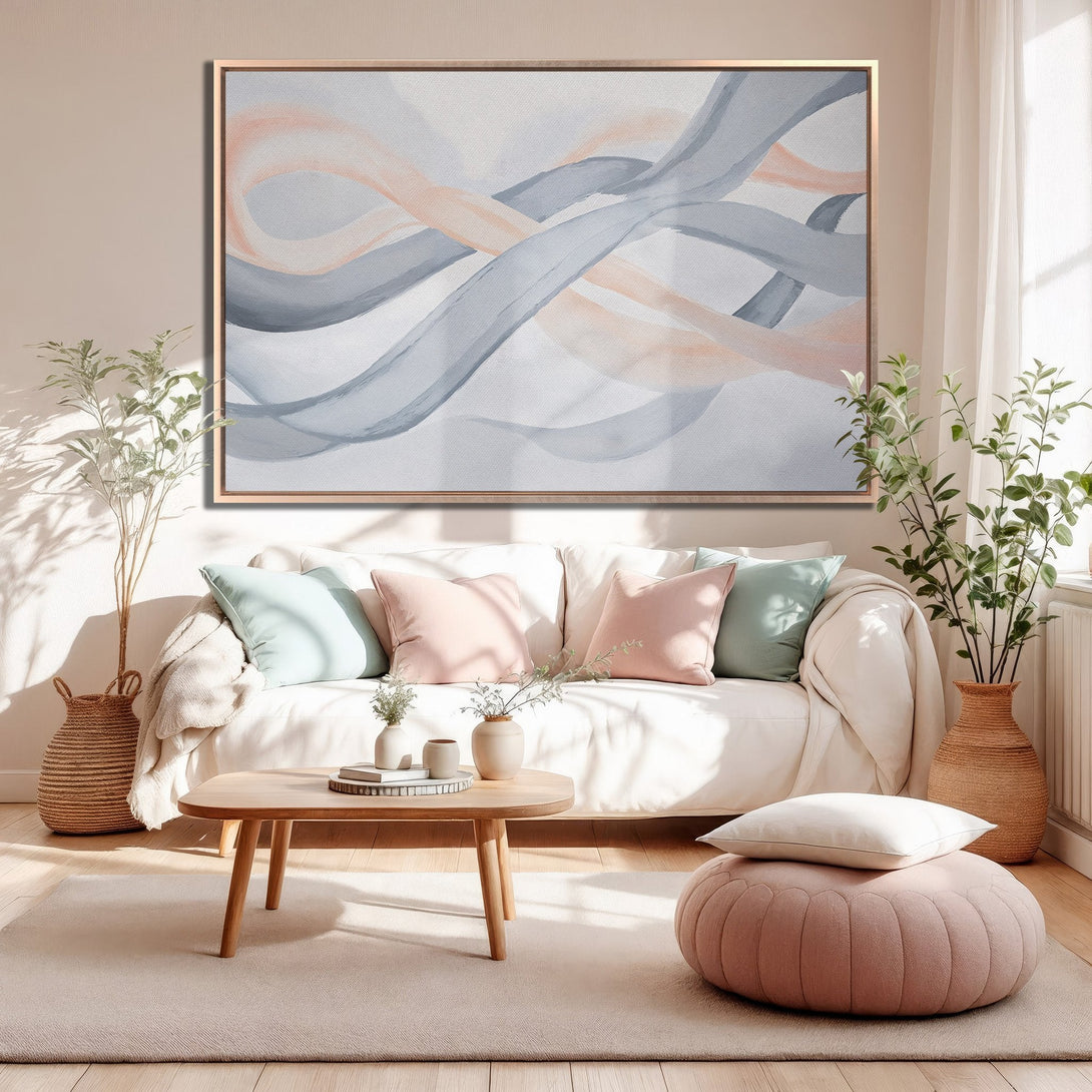 Framed Wall Art featuring abstract watercolor ribbons in gray and blush tones, perfect for modern living room decor.