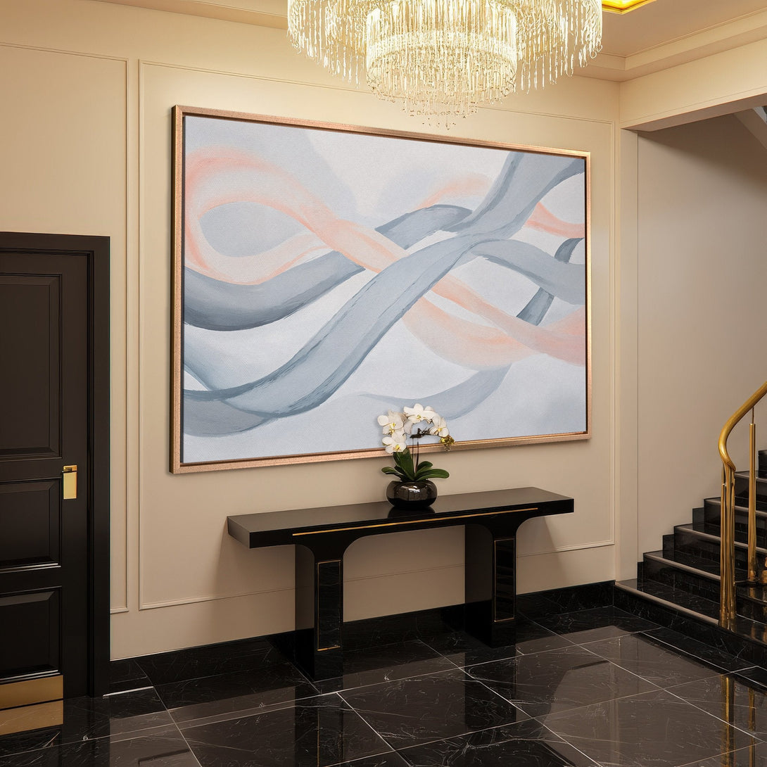 Framed Wall Art: Abstract painting with flowing ribbons in gray and blush tones. Modern art for a stylish interior.