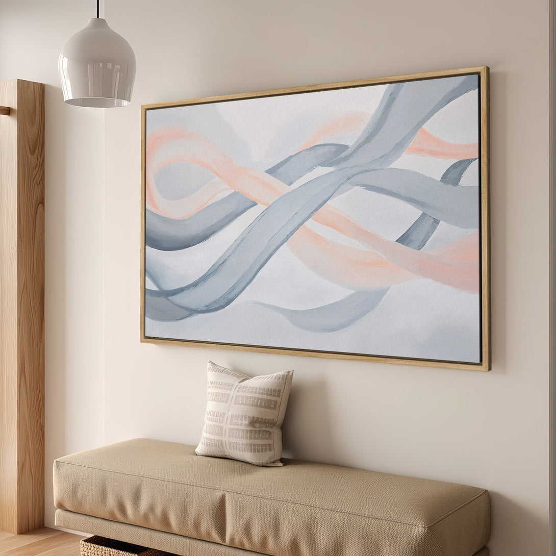 Framed Wall Art: Abstract art Canvas Print with flowing gray and peach brushstrokes. Modern, minimalist decor in a neutral color palette.