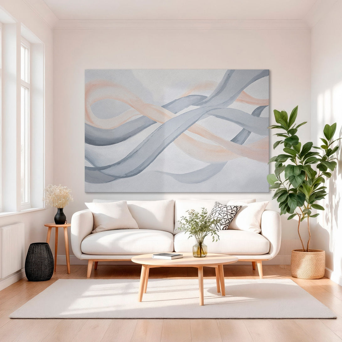 Framed Wall Art: Abstract painting with flowing ribbons in soft gray and blush tones. Modern canvas art for elegant home decor.