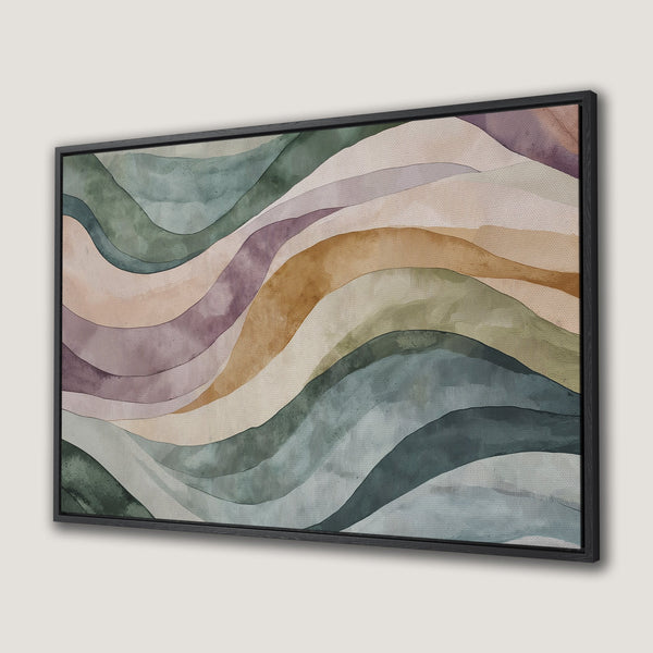 Framed Wall Art Canvas Print featuring abstract watercolor waves in muted earth tones. Bring a touch of serenity to your space with this modern art piece!