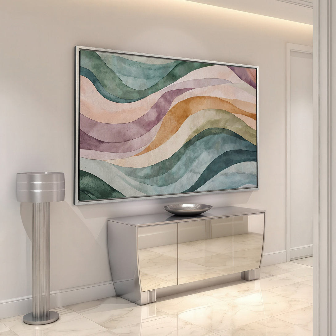 Framed Wall Art: Abstract watercolor waves in muted greens, purples, and oranges. Modern art for a stylish interior. Enhance your space with this beautiful print.