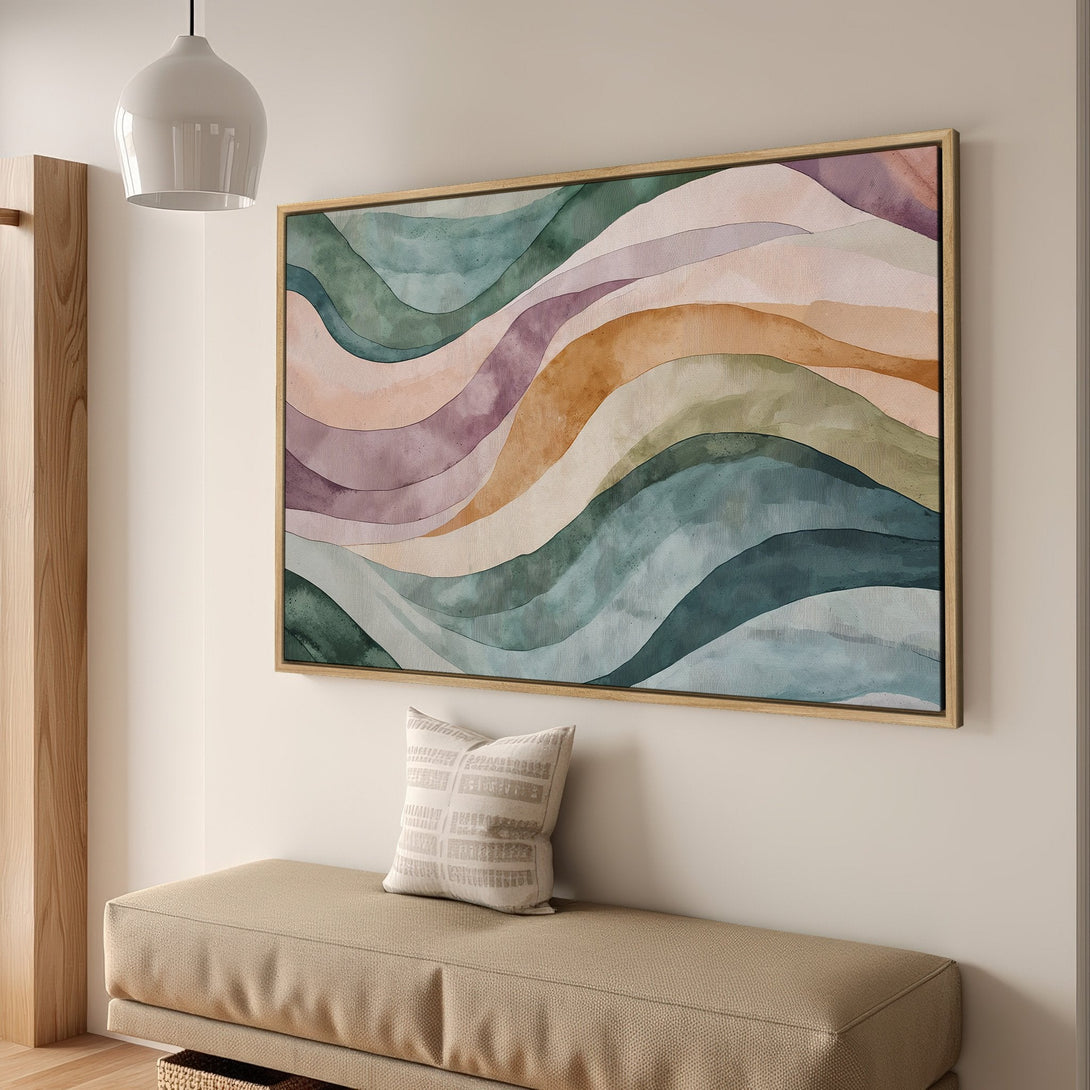 Framed Wall Art: Abstract watercolor waves in calming blues, greens, and earth tones. Perfect for modern home decor. Shop our Canvas Print collection today!