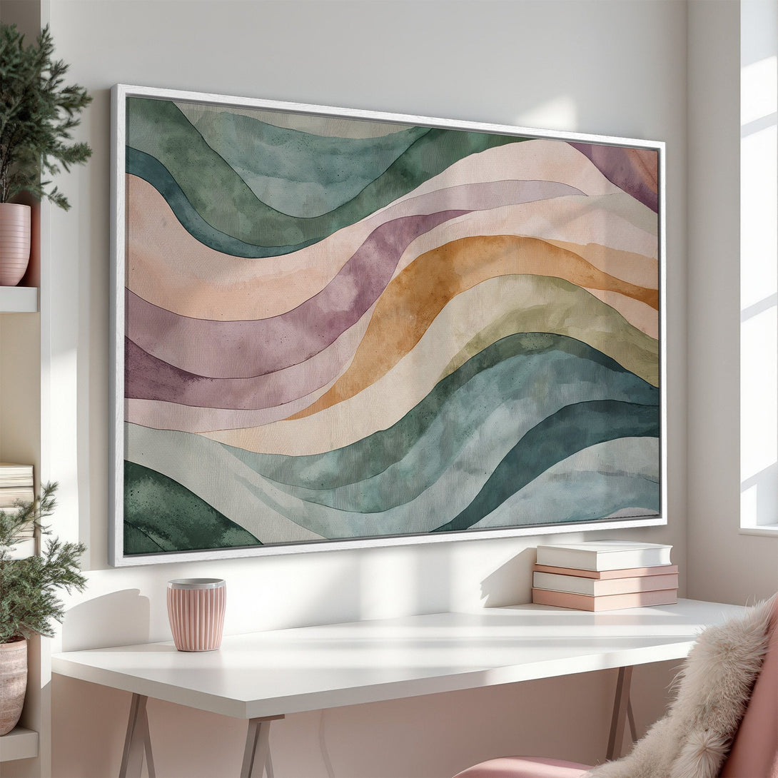 Framed Wall Art featuring abstract watercolor waves in muted greens, purples, and browns. Perfect for adding a touch of modern elegance to your space.
