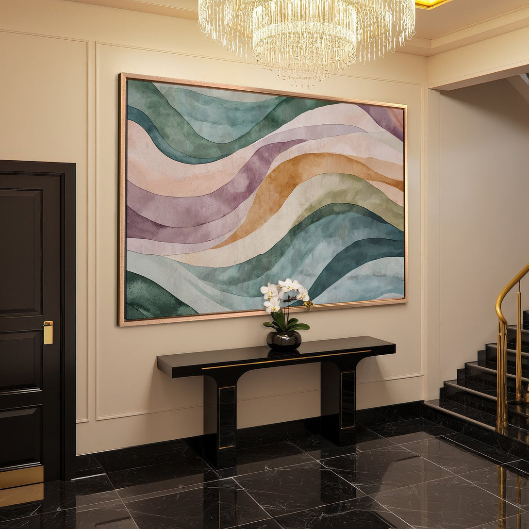 Framed Wall Art: Abstract watercolor waves in muted teal, purple, and gold tones. Elevate your space with this elegant canvas print!