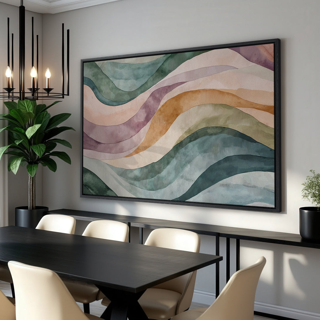 Framed Wall Art featuring an abstract watercolor design in calming earth tones. Perfect for adding a touch of modern elegance to any space. Shop now!