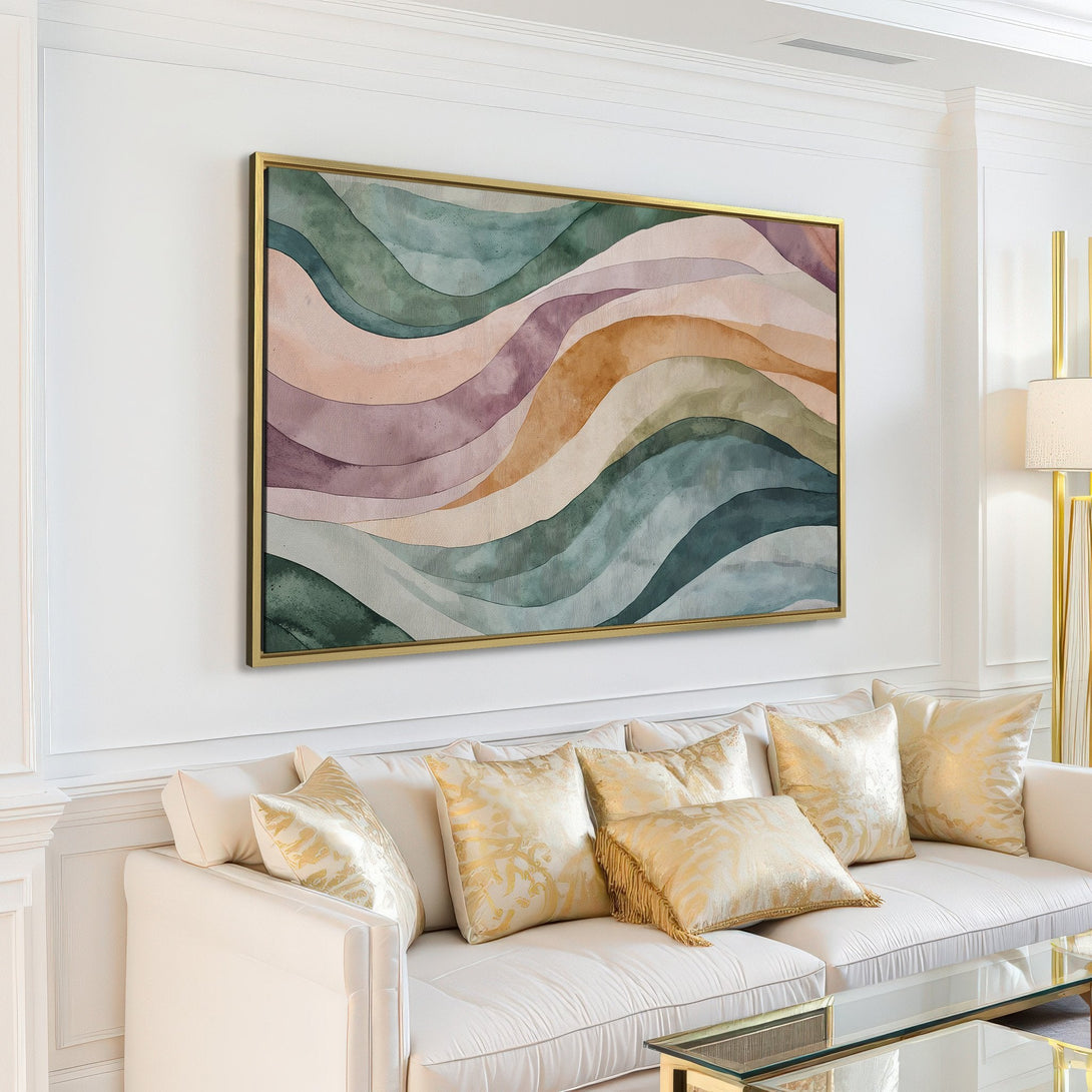 Abstract Canvas Print in a modern living room. Features flowing watercolor-style design in muted earth tones. Perfect wall art for a calming space.