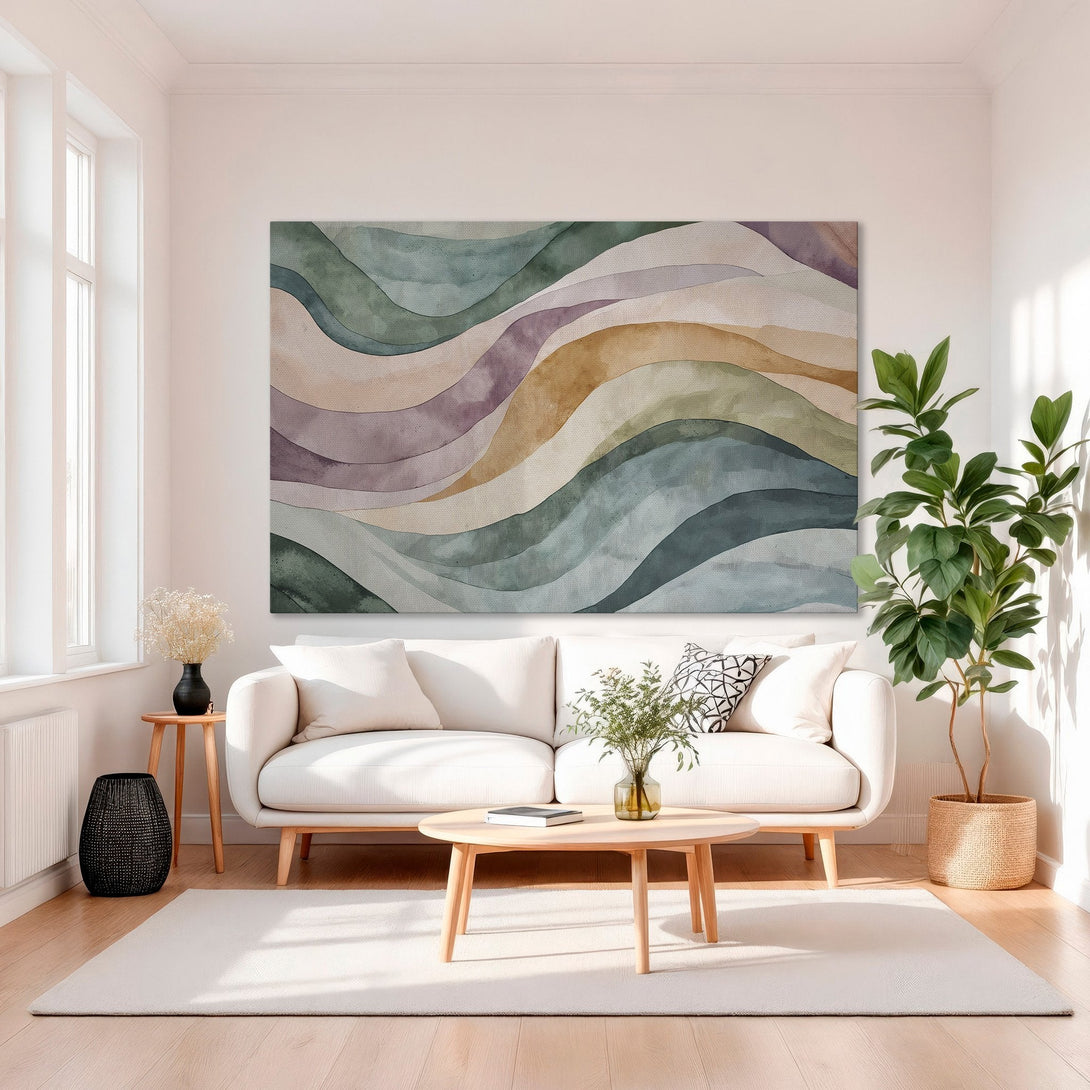 Framed Wall Art: Abstract watercolor waves in muted greens, blues, and warm tones. Modern canvas print adds a touch of elegance to any interior.