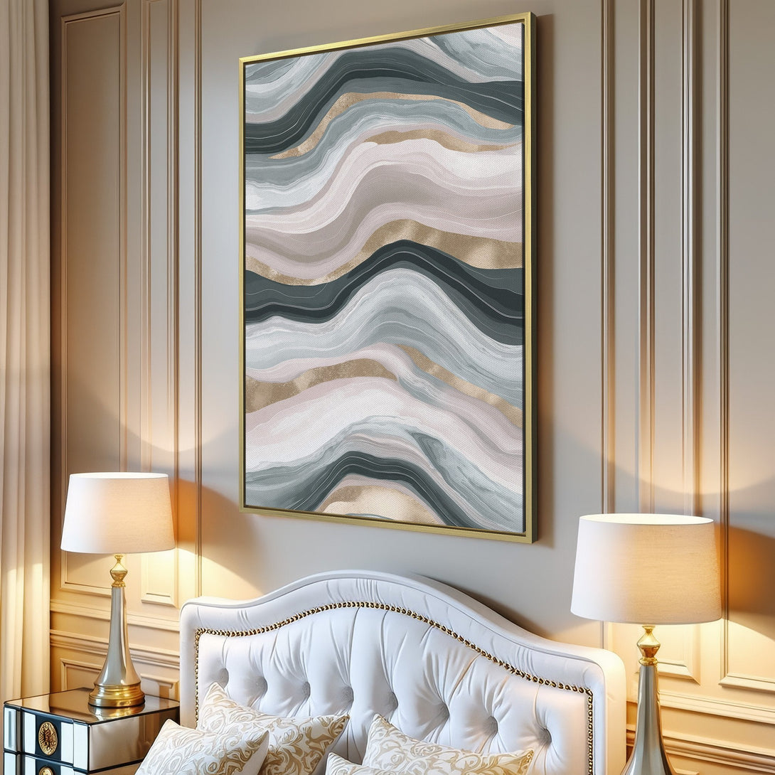 Abstract Canvas Print in neutral tones of gray, beige, and gold. Modern wall art for a stylish living room.