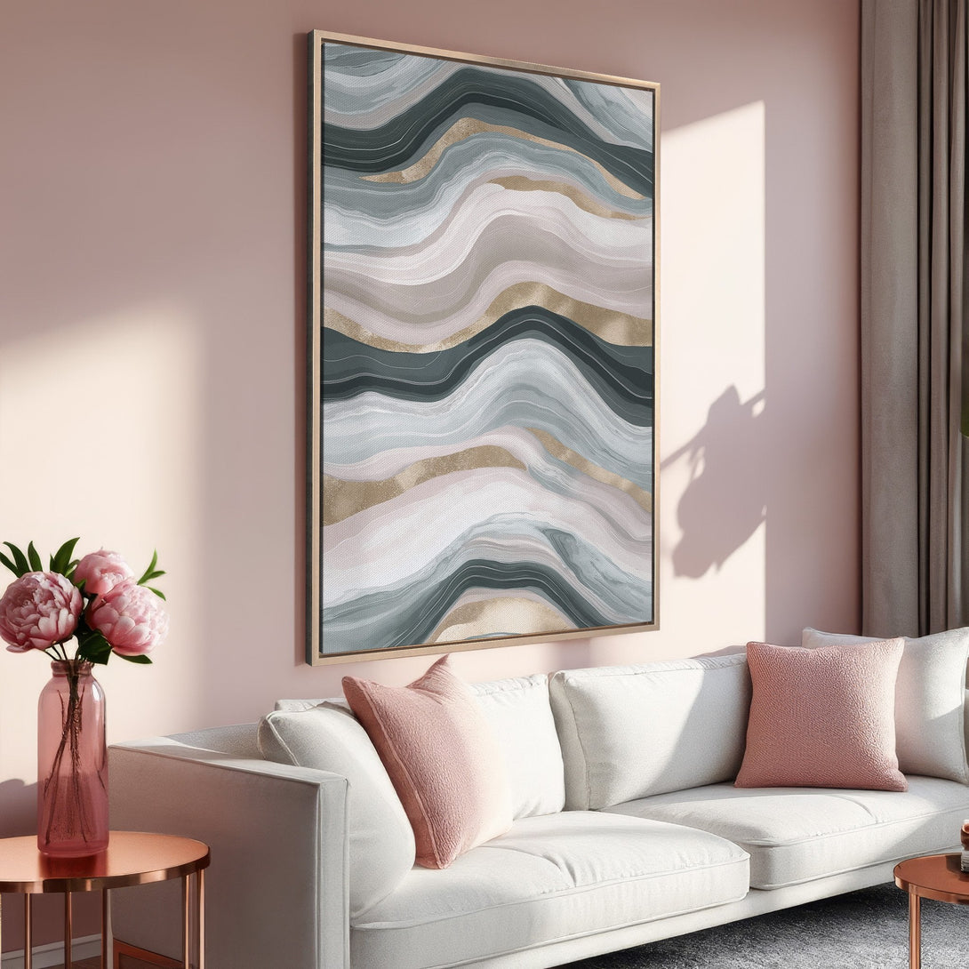 Framed Wall Art featuring an abstract wave design in muted greens, pinks, and gold. Perfect for adding a touch of modern elegance to any space.
