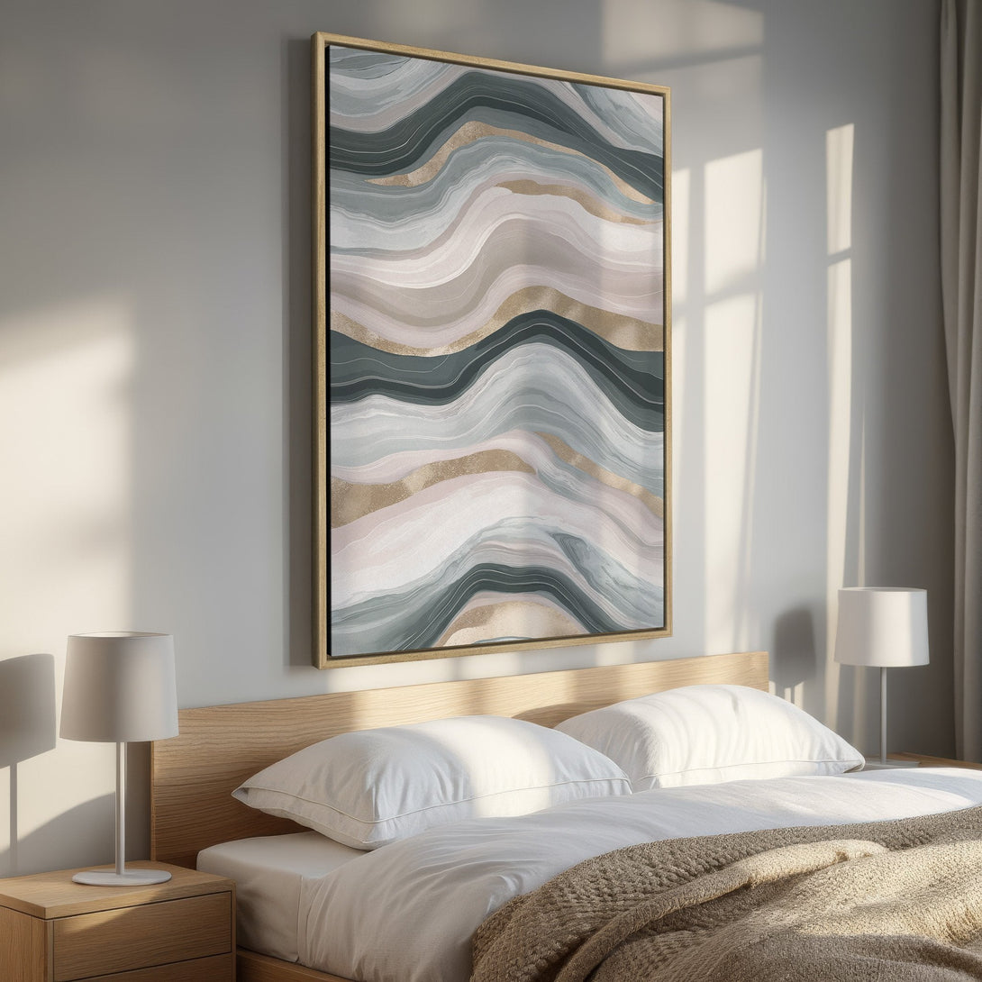 Framed Wall Art: Abstract wave design in muted green, gray, and gold tones. Modern art canvas print for bedroom decor.