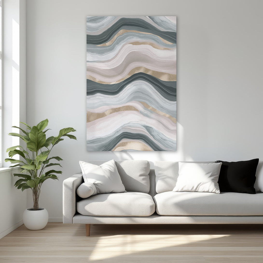 Framed Wall Art: Abstract wave design in neutral tones with gold accents. Elevate your space with this elegant canvas print.