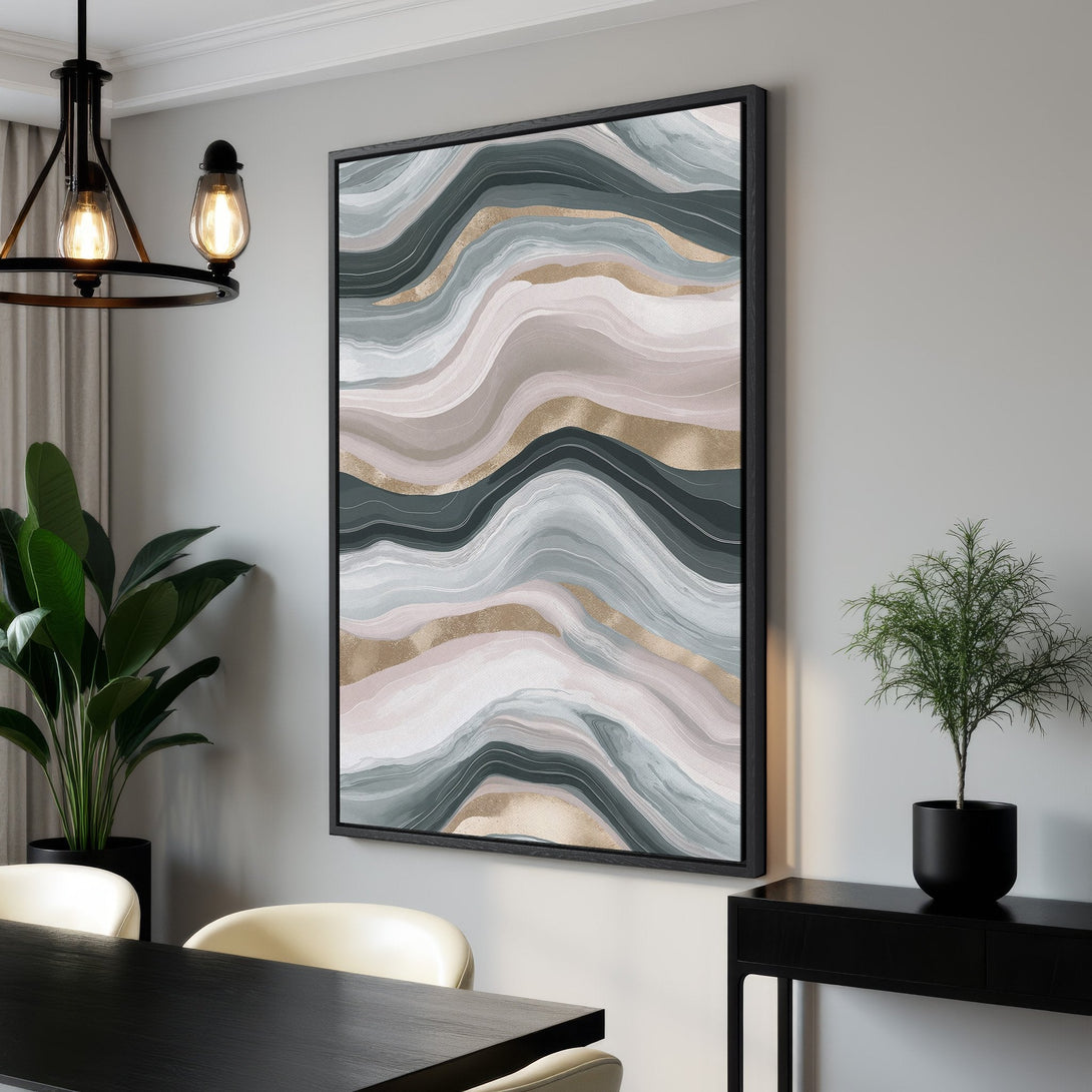 Framed Wall Art featuring abstract wave design in muted tones of gray, gold, and pink. Modern art for your home decor!