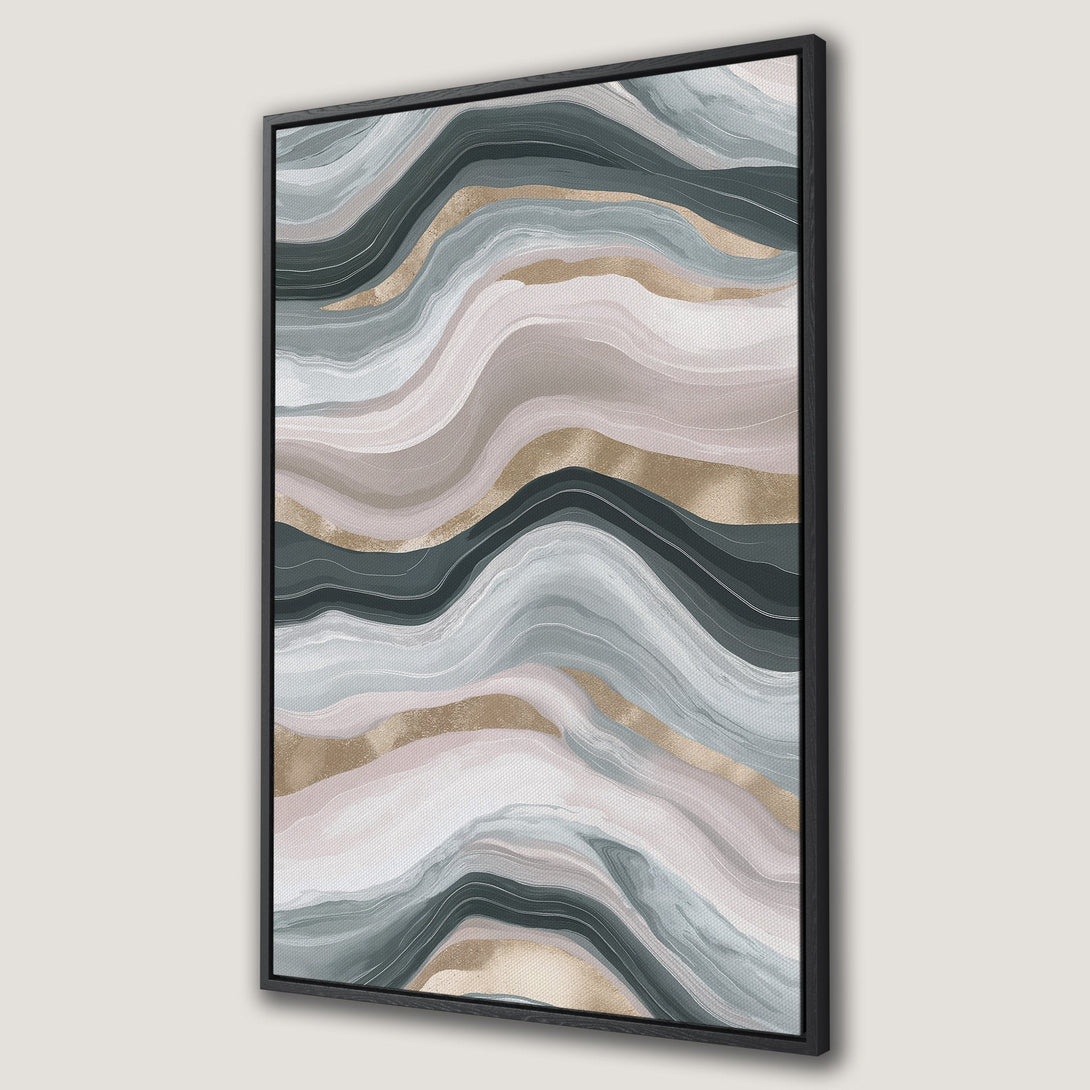 Framed Wall Art: Abstract canvas print featuring flowing lines in muted tones of gray, blush, gold, and green. Modern art for your home decor.