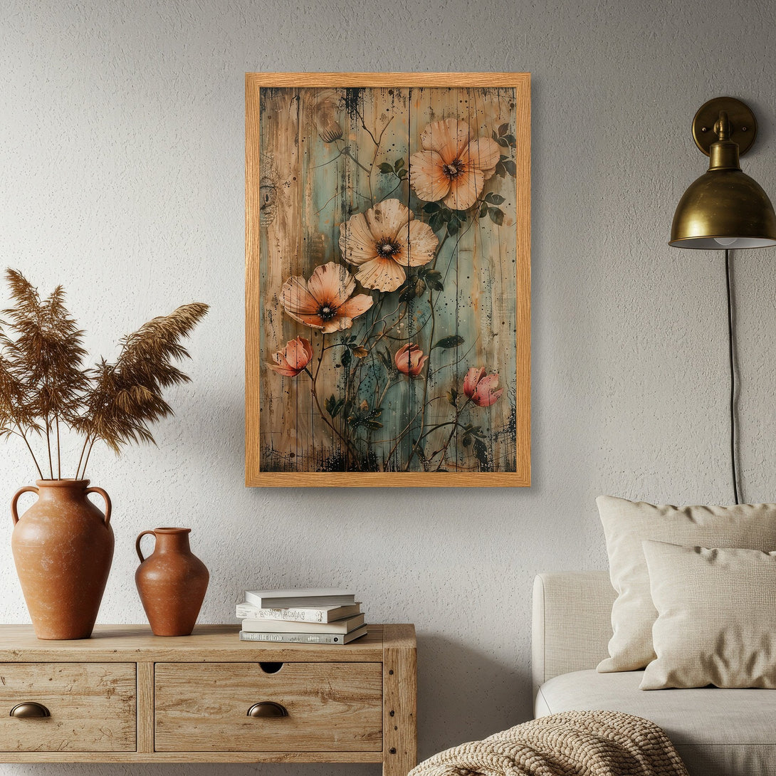 Framed Poster featuring watercolor-style floral art in a rustic, vintage style. Soft peach and teal color palette adds a touch of elegance. Perfect wall decor!