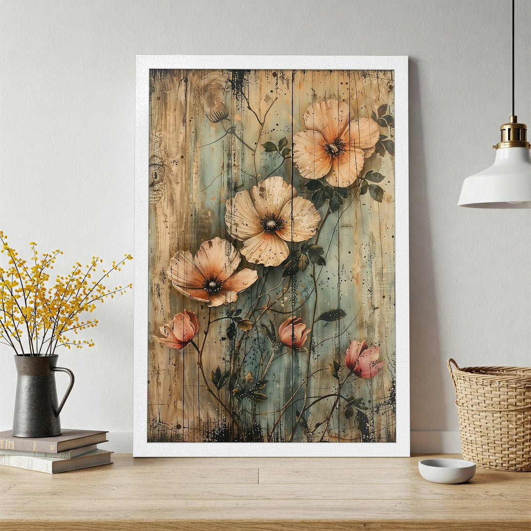 Framed Poster featuring watercolor floral art. Earthy tones with a rustic, vintage style. Perfect wall decor.