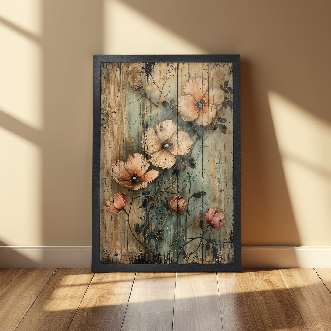 Framed Poster featuring floral art in a rustic style with a neutral color palette. Perfect wall decor for any room!