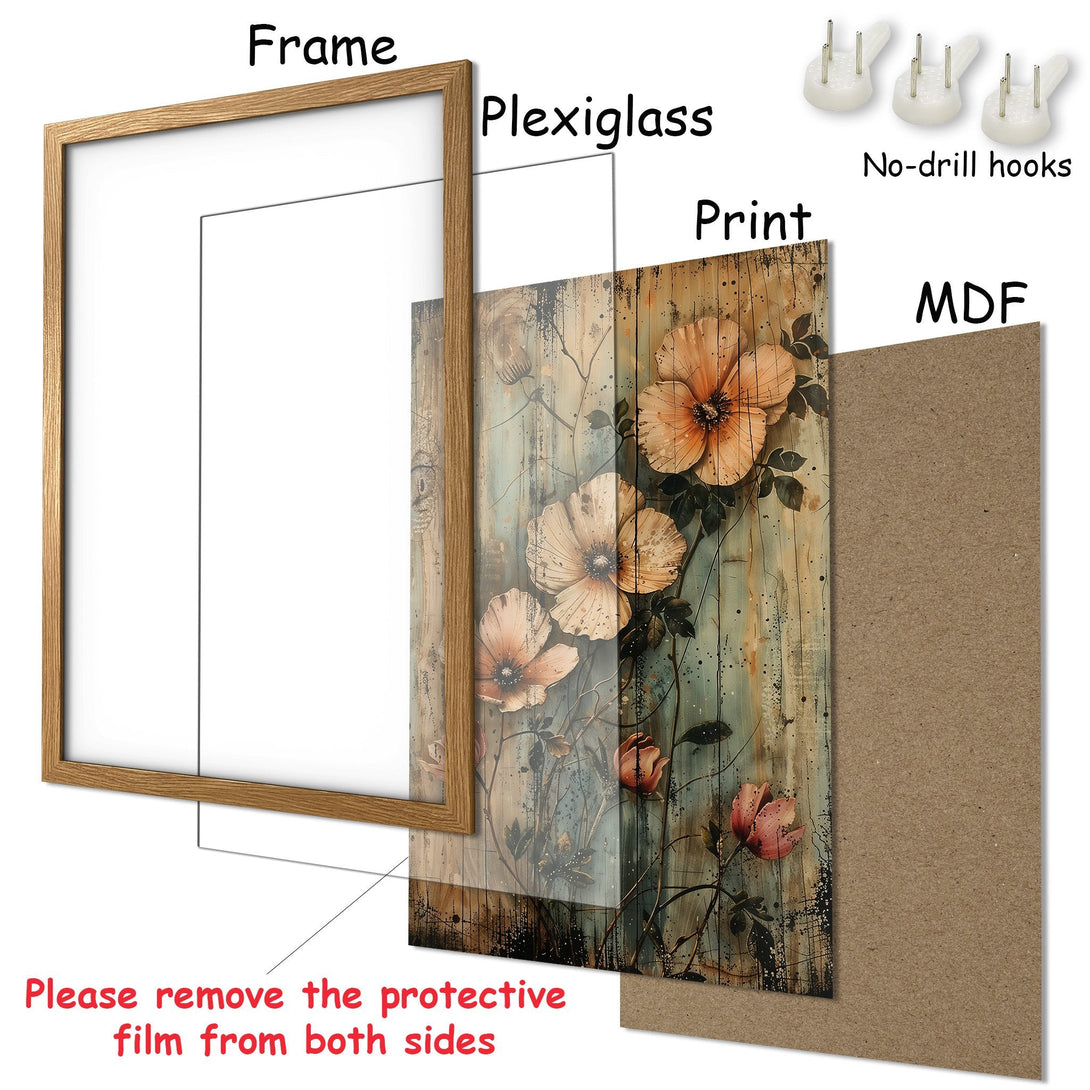 Framed Poster featuring floral art in a vintage style with a muted color palette. Perfect wall decor for any room!
