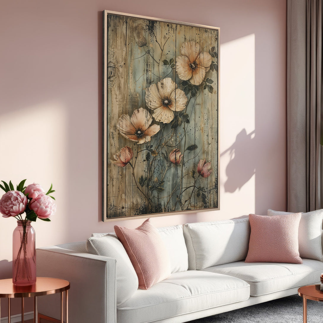 Framed Wall Art featuring floral artwork in a rustic style with a warm, neutral color palette. Perfect for adding a touch of elegance to your home.