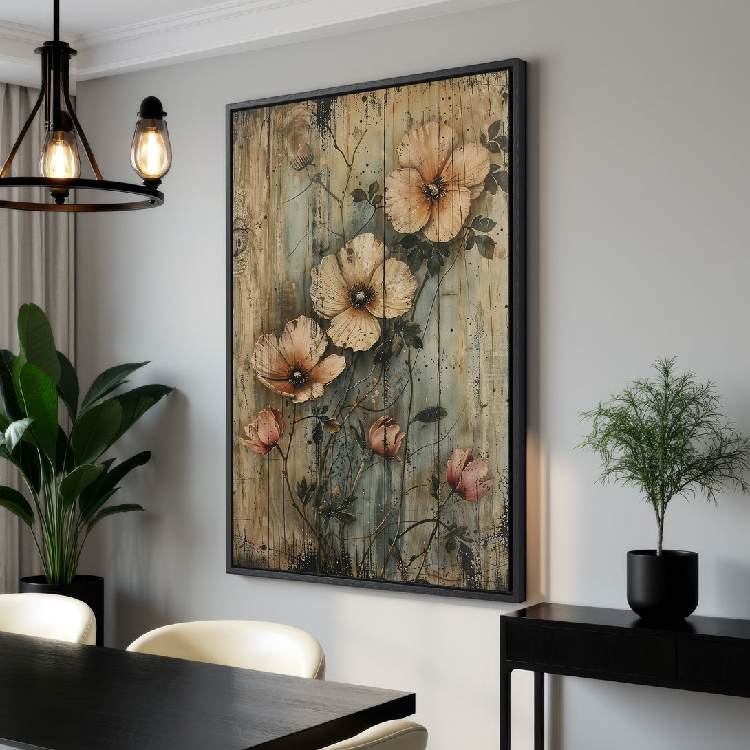Framed Wall Art featuring floral artwork in a rustic style with a neutral and muted color palette. Perfect for adding a touch of elegance to any space.