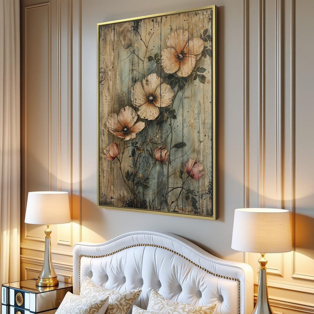 Canvas Print of watercolor flowers in a rustic style, featuring a neutral color palette of beige, blue, and pink. Perfect for home decor!