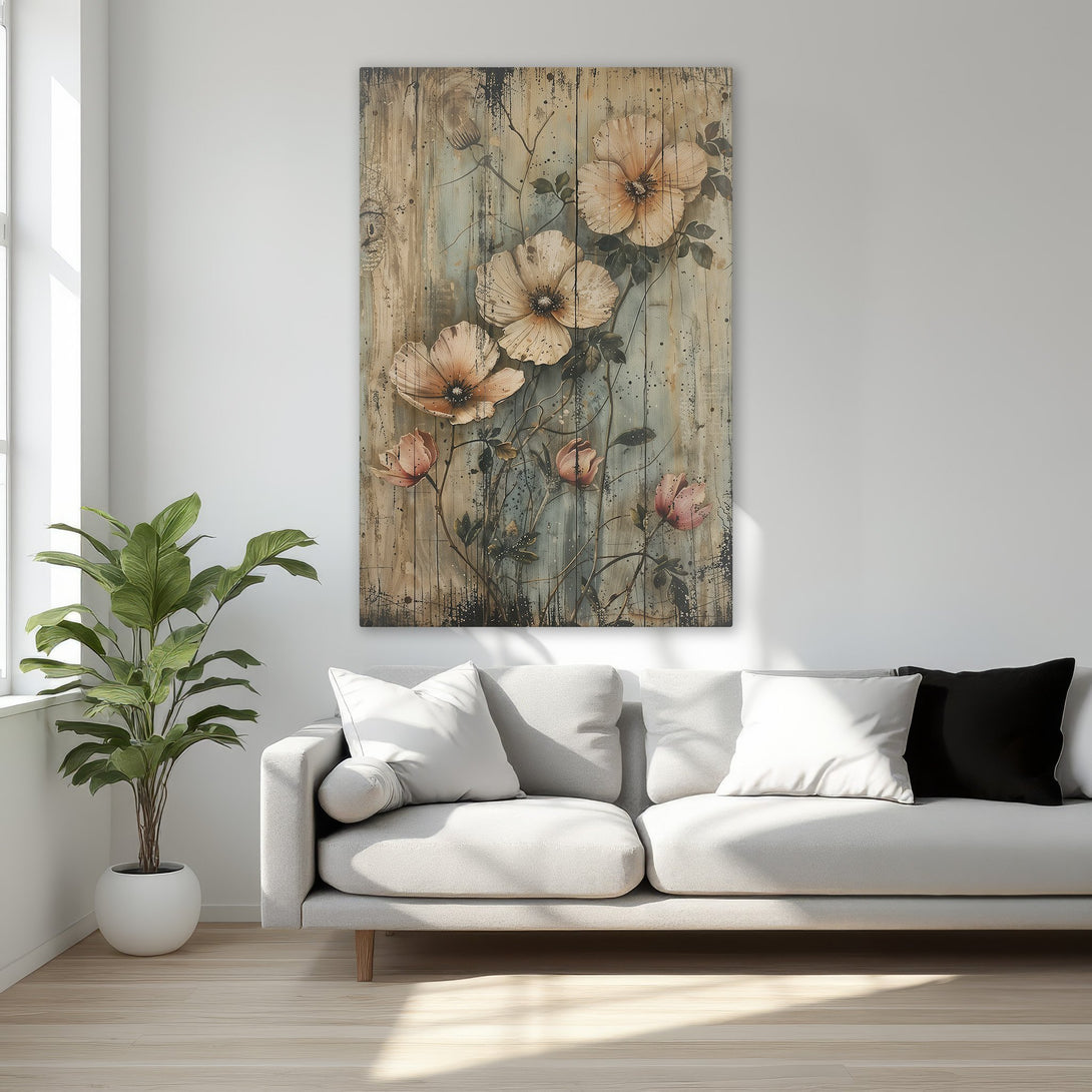 Framed Wall Art: Rustic floral canvas print in neutral tones. Adds a touch of elegance and warmth to any space. Perfect for bedroom or living room decor.