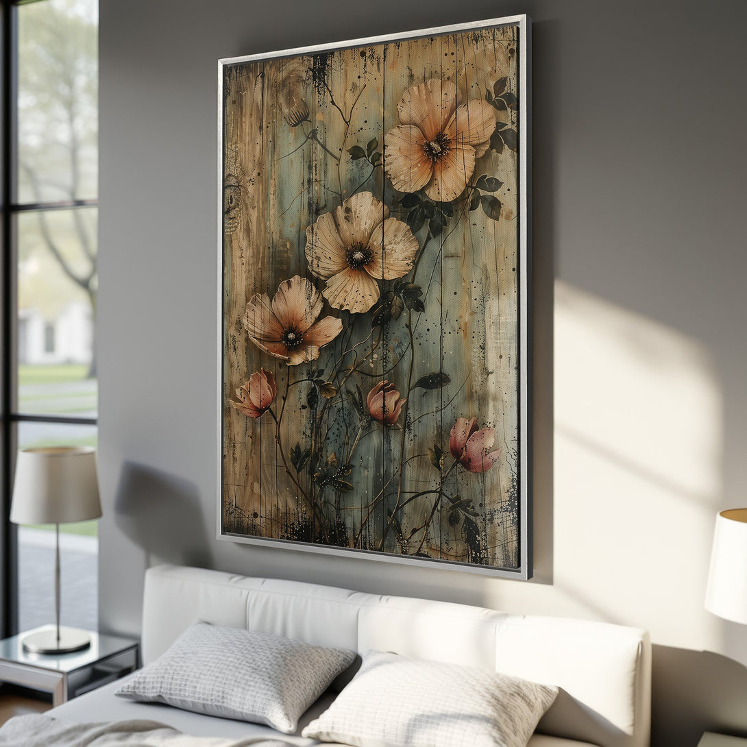 Framed Wall Art featuring floral watercolor painting in warm earth tones. Rustic style Canvas Print adds a touch of nature to any room.