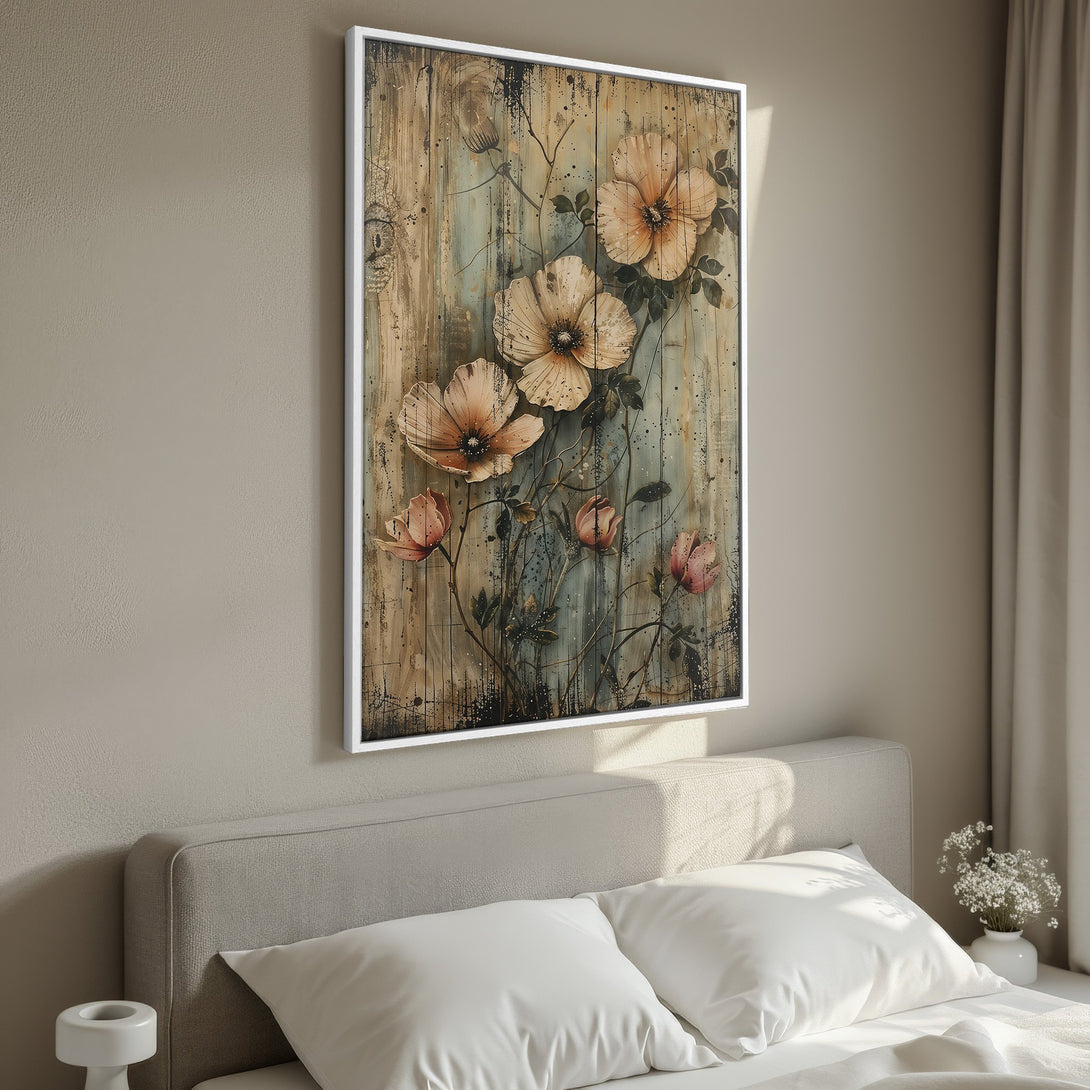 Framed Wall Art featuring floral watercolor art in a rustic style. Earthy tones of beige, brown, and blue create a calming aesthetic for any room.