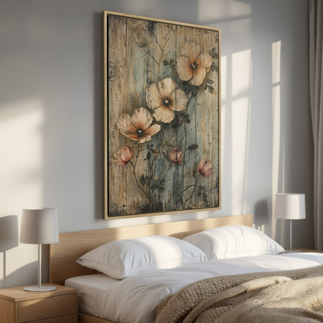 Framed Wall Art: Rustic floral print in a bedroom. Features warm neutral tones and a vintage style. Perfect for adding a touch of nature to your space.