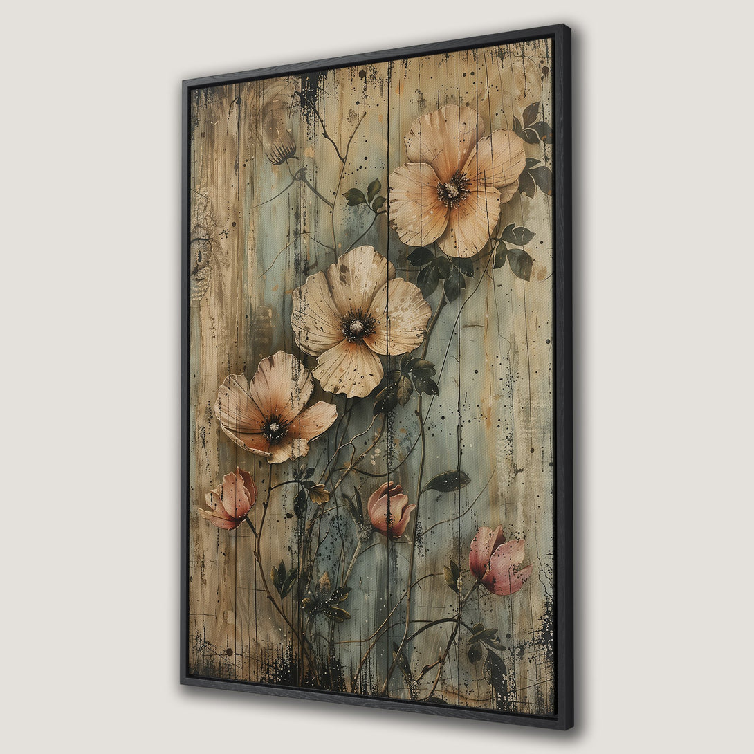 Framed Wall Art featuring elegant floral art with a vintage aesthetic. Soft peach and blue hues create a calming, artistic Canvas Print perfect for any space.