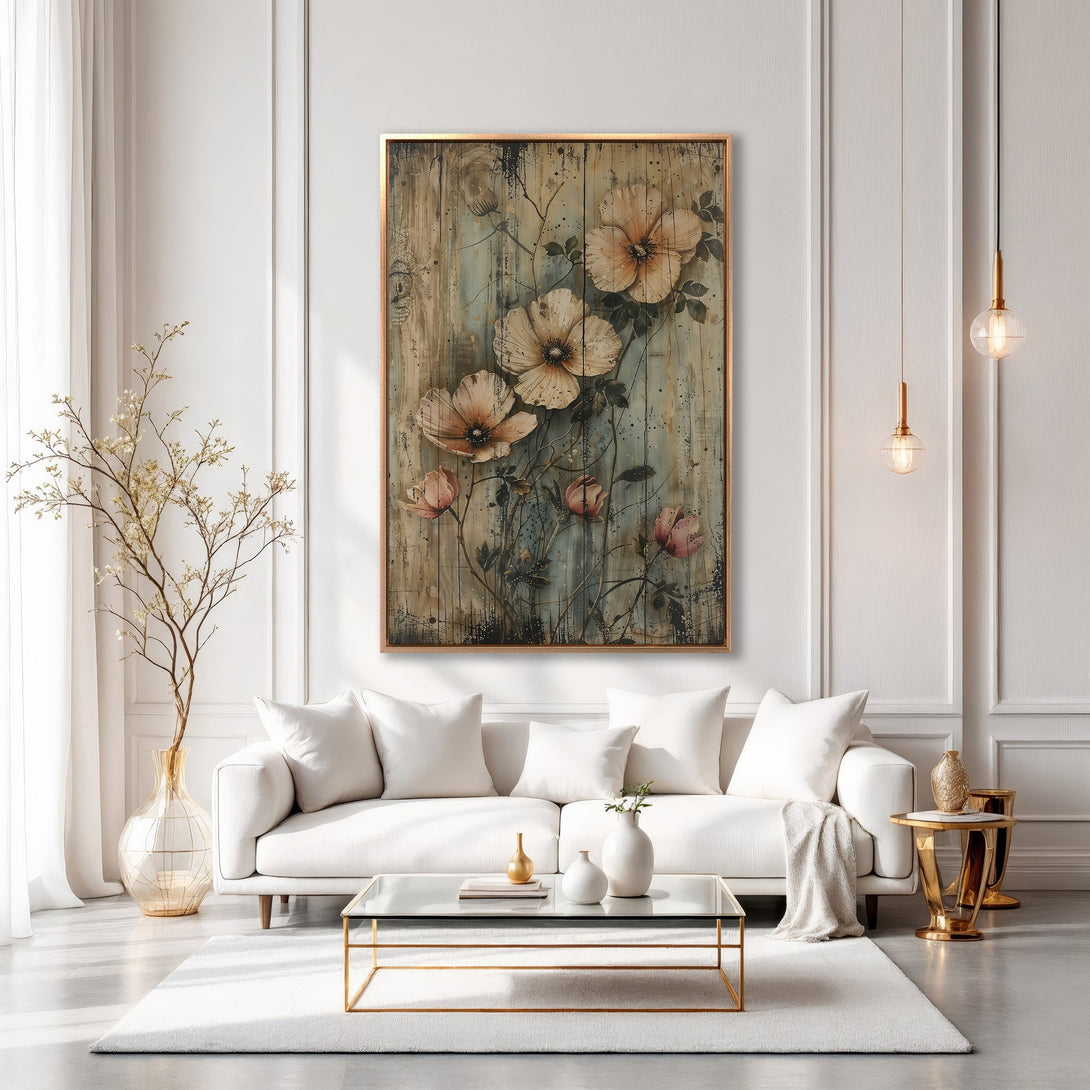Framed Wall Art featuring elegant floral design in neutral tones, displayed in a stylish living room. Perfect for adding a touch of sophistication.