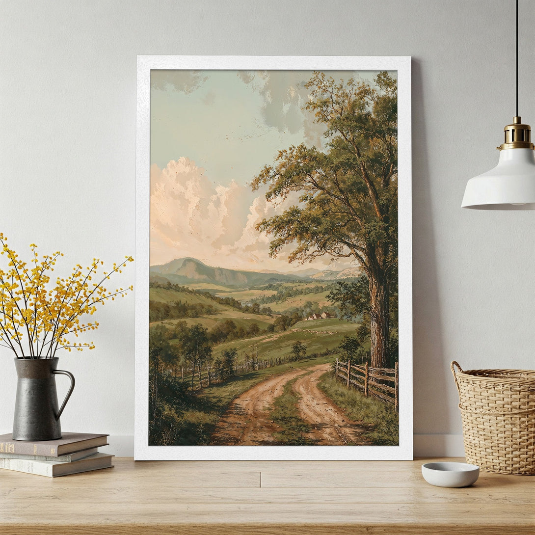 Framed Poster of a serene landscape painting in a classic style. Features a dirt road, trees, and a muted green and brown color palette. Perfect wall art!