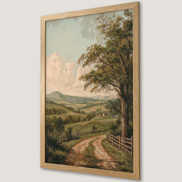 Framed Poster of a scenic landscape with a dirt road, trees, and hills. Earthy tones and vintage style. Perfect wall art.