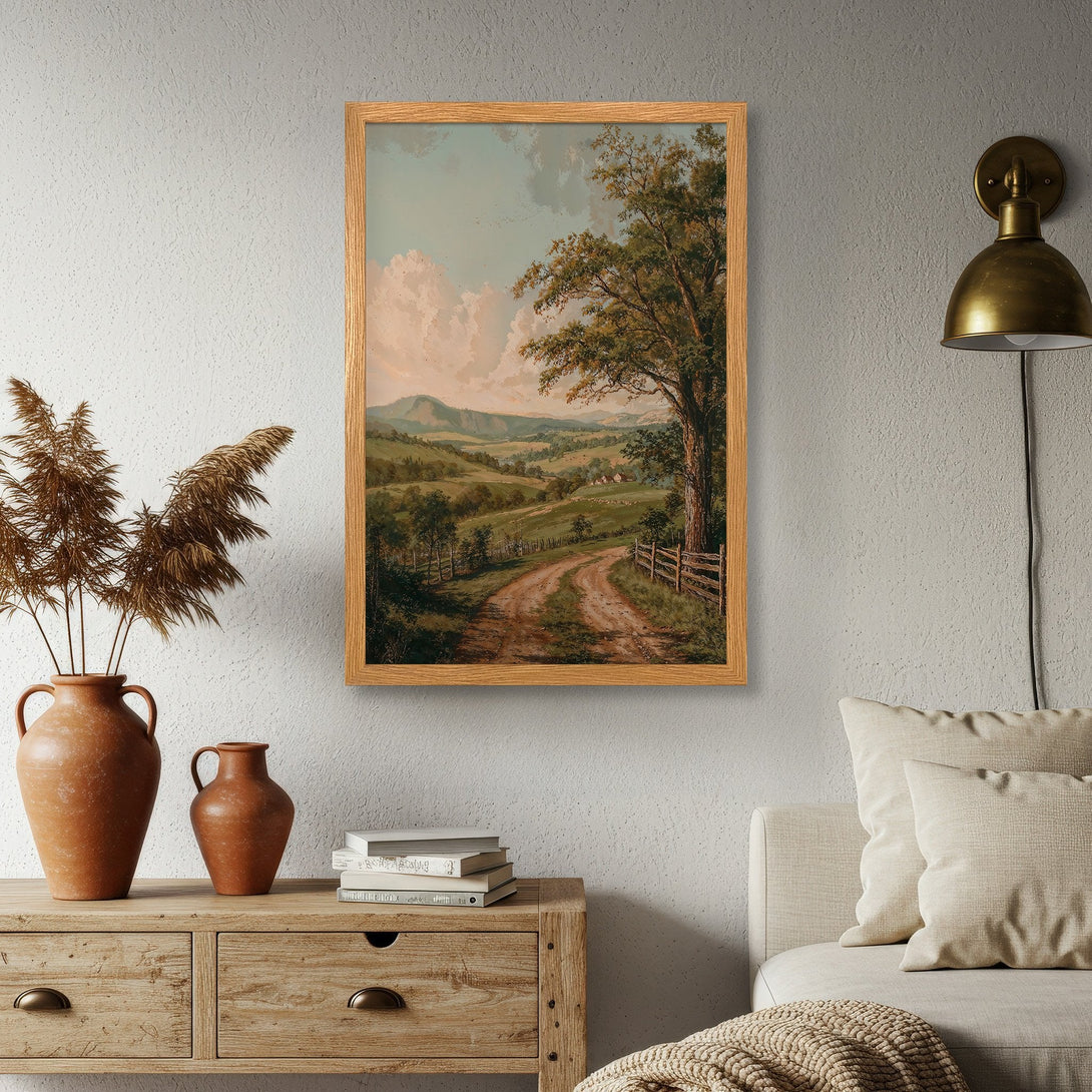 Framed Poster featuring a scenic landscape in a vintage style, with a warm, earthy color palette. Perfect wall art!