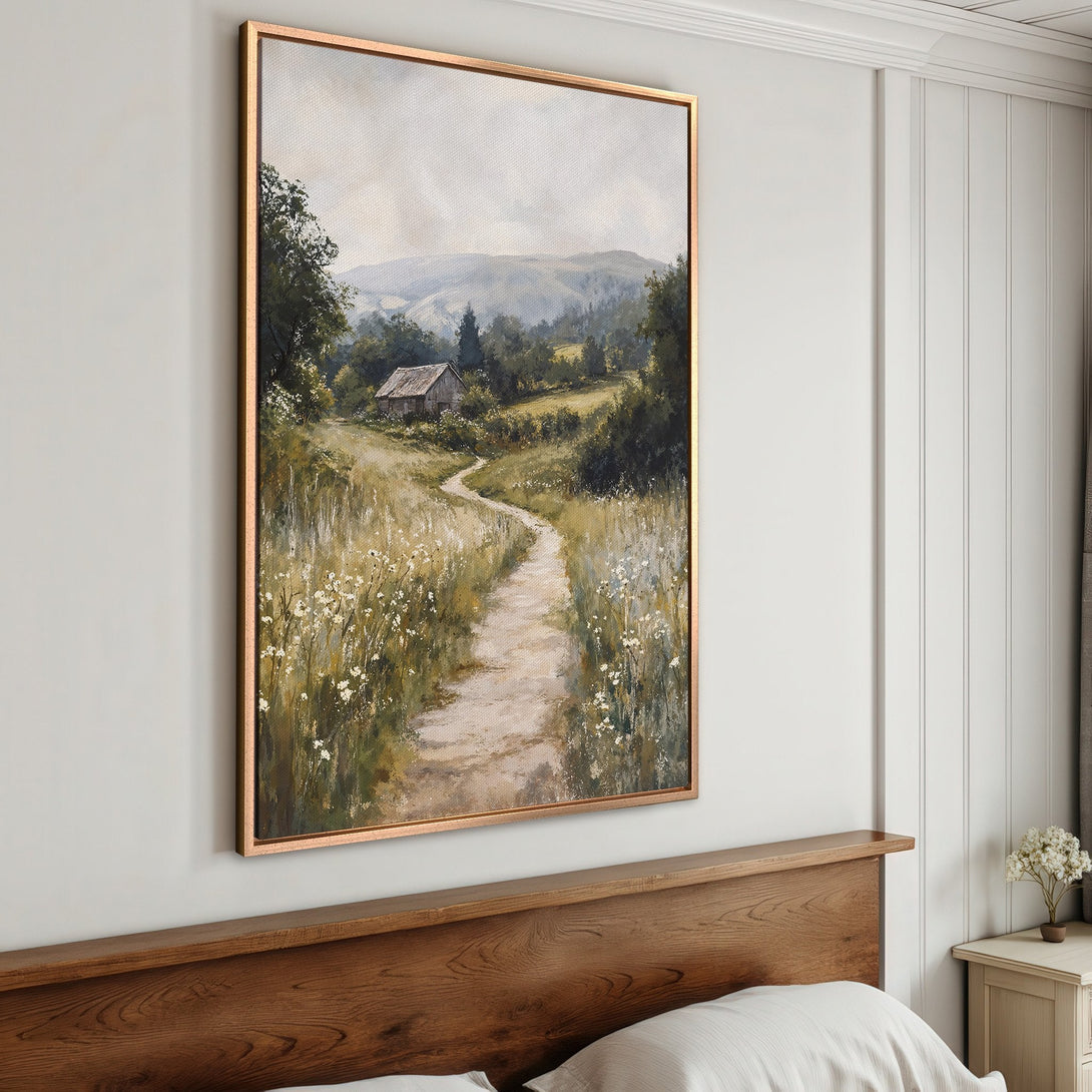 Framed Wall Art: Serene landscape Canvas Print with a path leading to a cabin. Soft, muted greens and browns create a calming, rustic aesthetic.