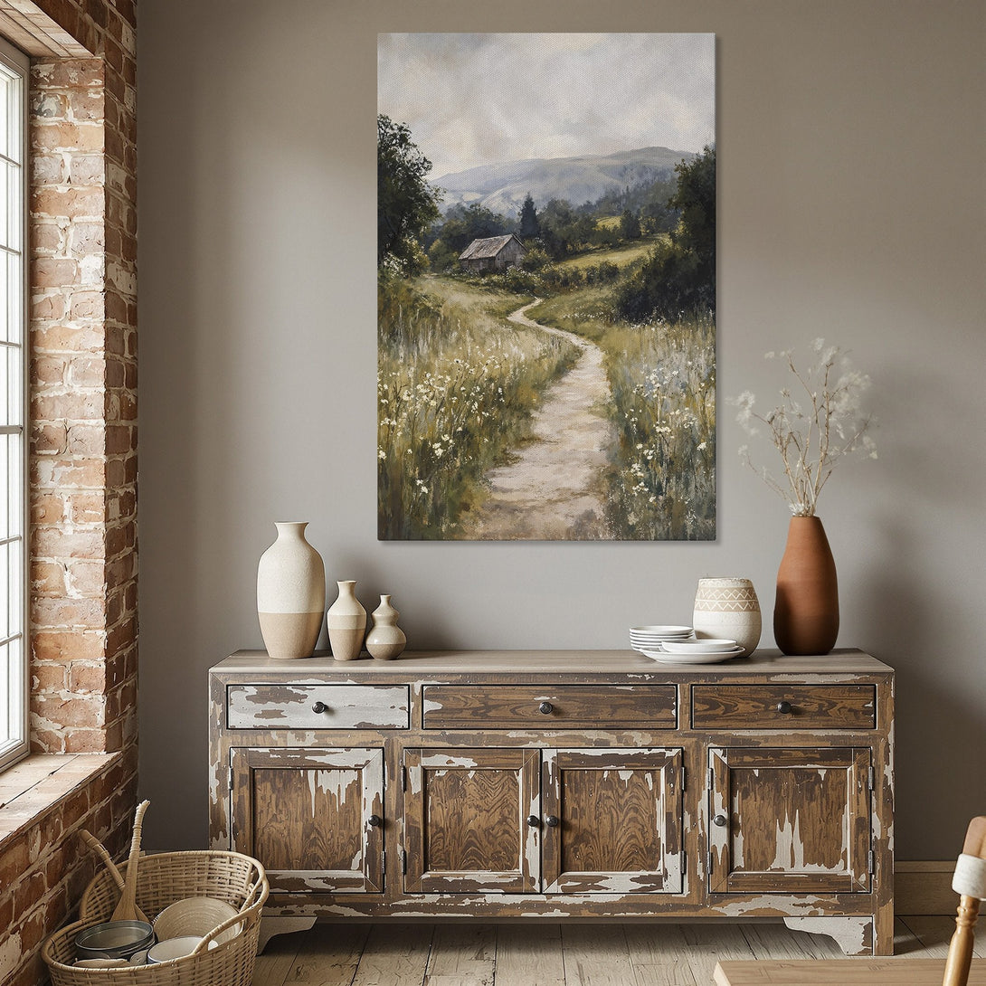 Framed Wall Art: Landscape painting in warm, neutral tones. Rustic path leads to a charming cottage. Perfect for adding a touch of nature to your dining room.