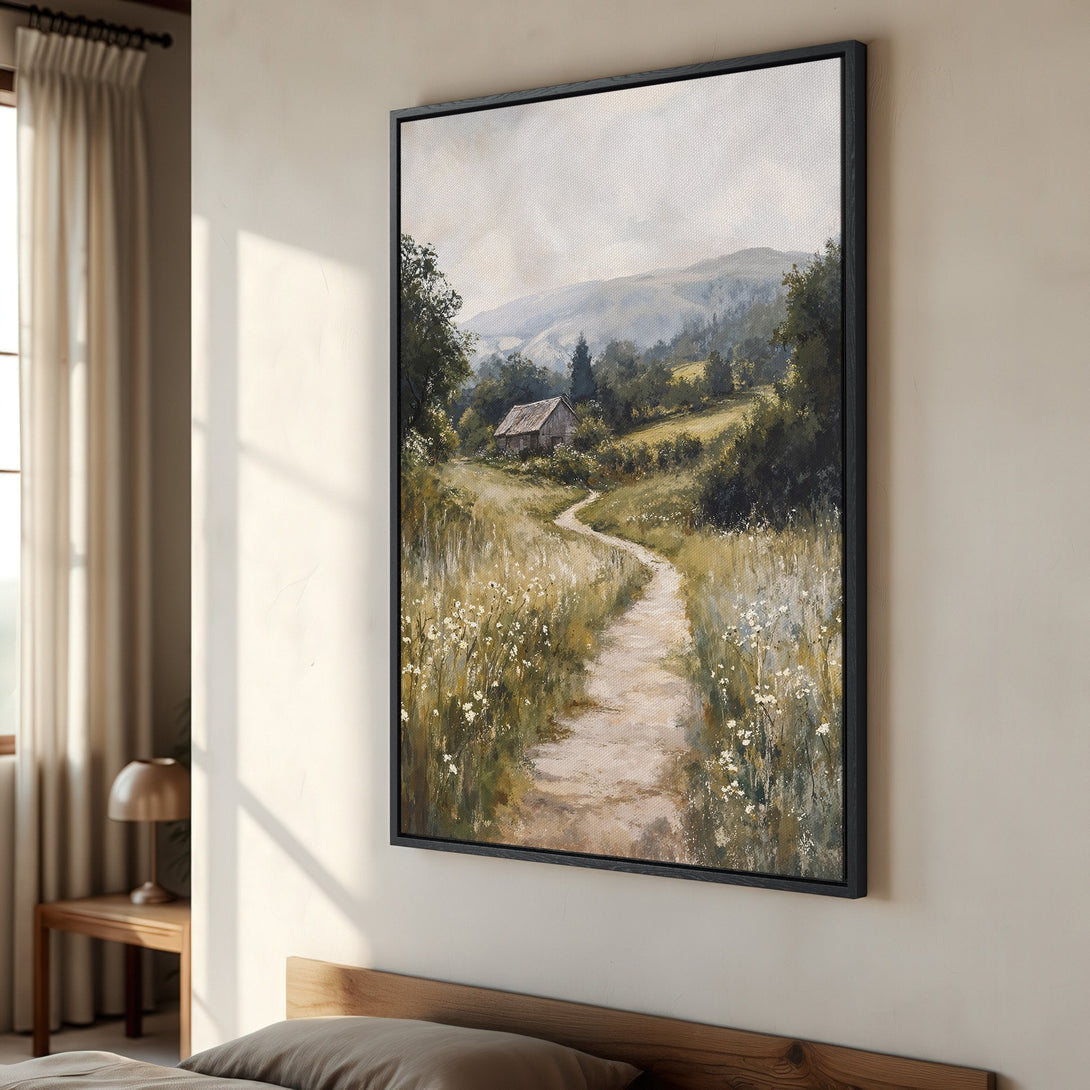 Framed Wall Art: Landscape Canvas Print of a path leading to a cottage. Features a warm, neutral color palette and impressionistic style. Perfect for any home decor.