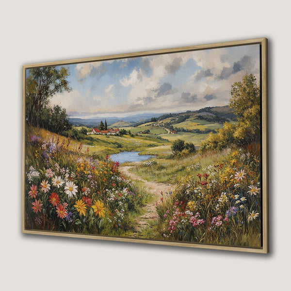 Framed Wall Art: Landscape Canvas Print of a vibrant meadow with wildflowers, a pond, and a path. Warm, inviting color palette.