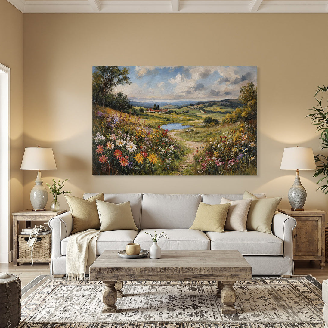 Framed Wall Art: Landscape Canvas Print with vibrant wildflowers, classic style, and a warm, inviting color palette. Perfect for home decor!