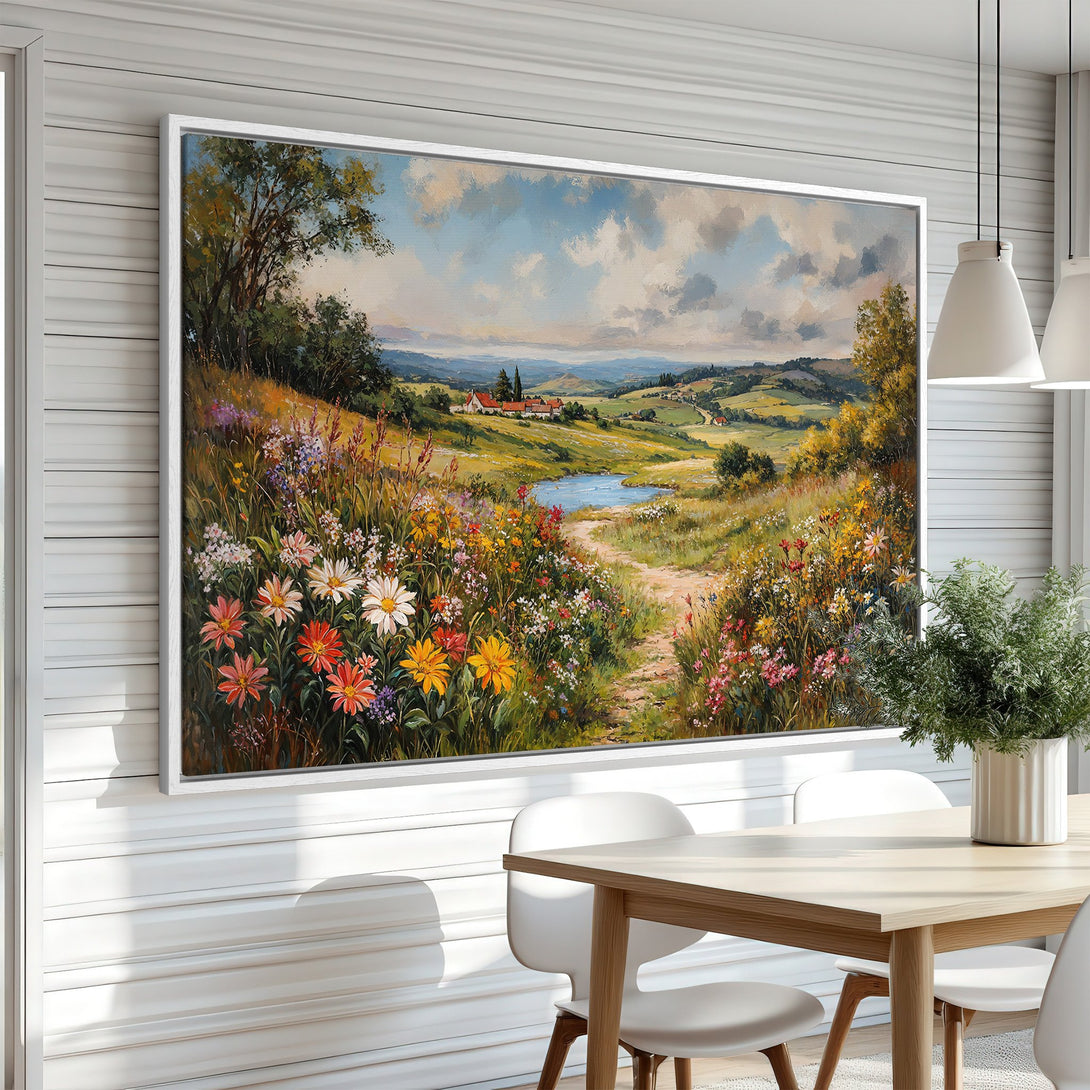 Framed Wall Art: Landscape painting with vibrant wildflowers and a serene pond. Warm, inviting color palette. Perfect for adding a touch of nature to your home.