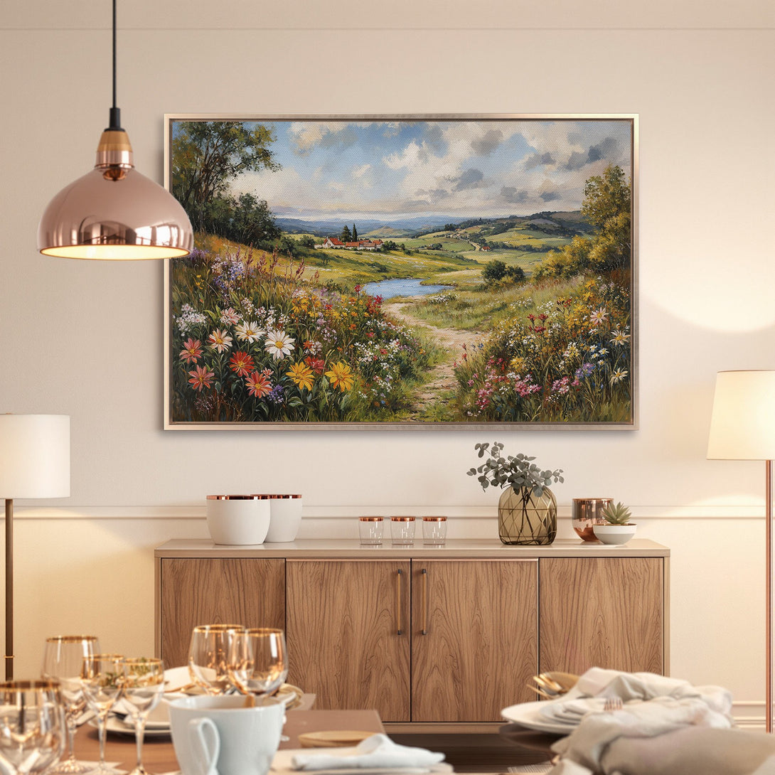 Framed Wall Art: Landscape painting with wildflowers, vibrant colors, and a serene path. Perfect for adding a touch of nature to your space.