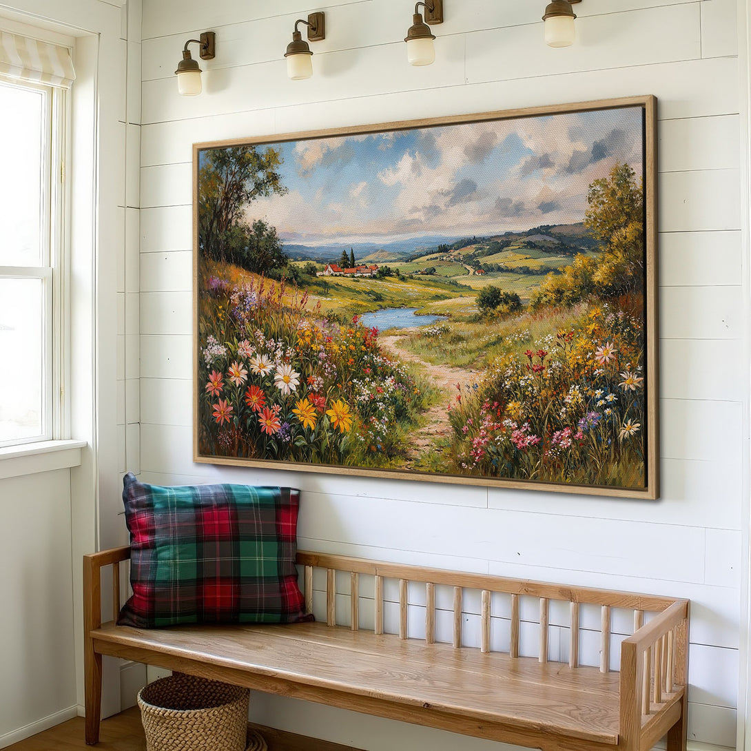 Framed Wall Art: Impressionist landscape Canvas Print with vibrant wildflowers, serene lake, and rolling hills. Warm, inviting color palette for cozy decor.