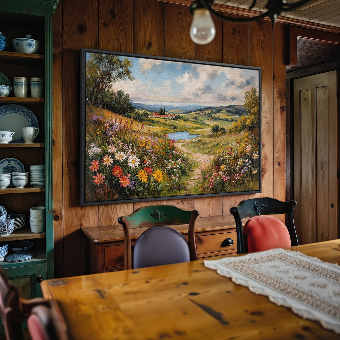 Framed Wall Art: Landscape Canvas Print with vibrant wildflowers & a serene countryside scene. Warm, inviting colors perfect for any home.