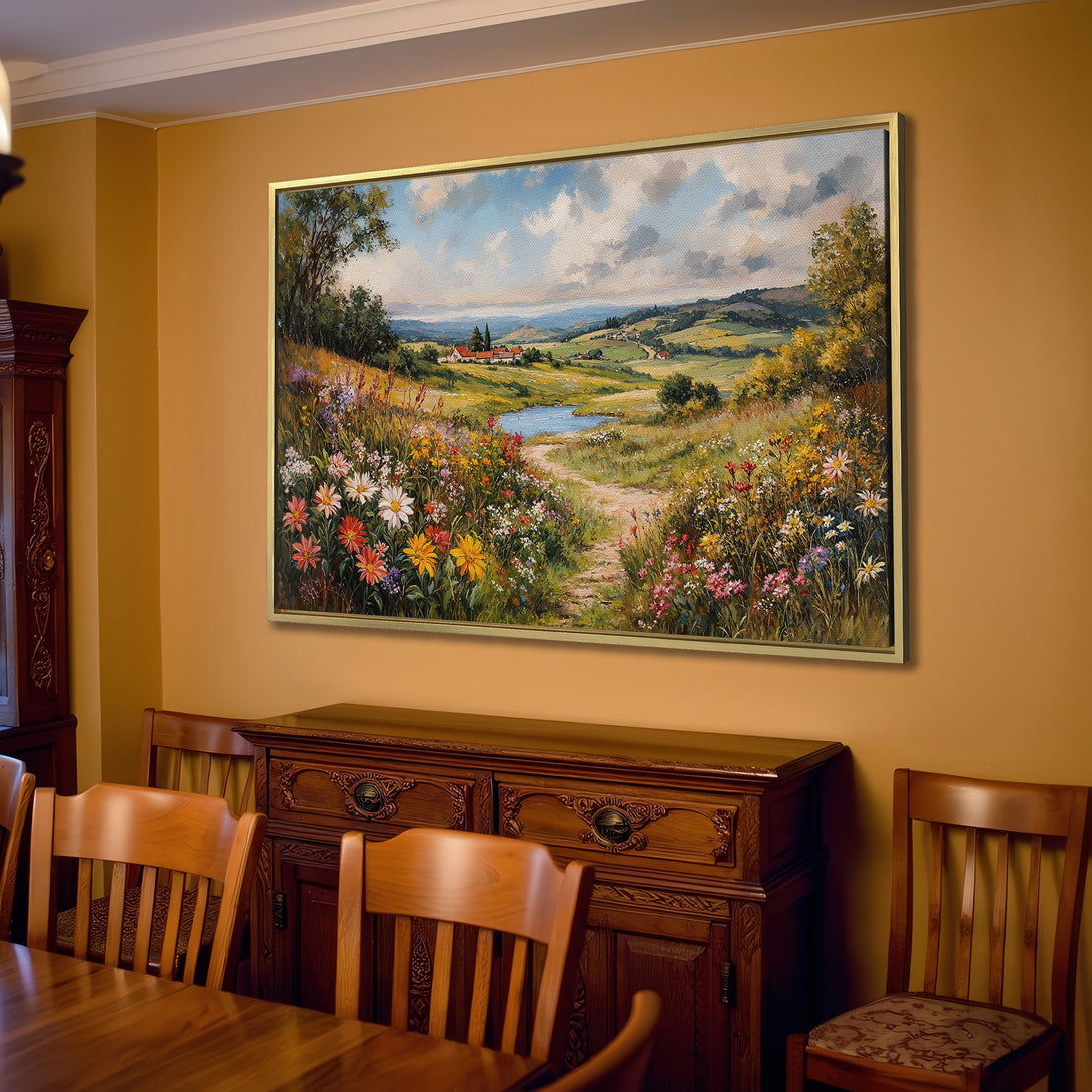 Canvas Print of a vibrant landscape painting with wildflowers, featuring a warm, inviting color palette. Perfect for adding a touch of nature to your home!