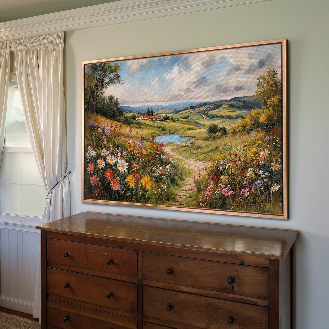 Framed Wall Art: Landscape Canvas Print with vibrant wildflowers, path, and serene countryside scene. Warm, earthy tones for a calming aesthetic.