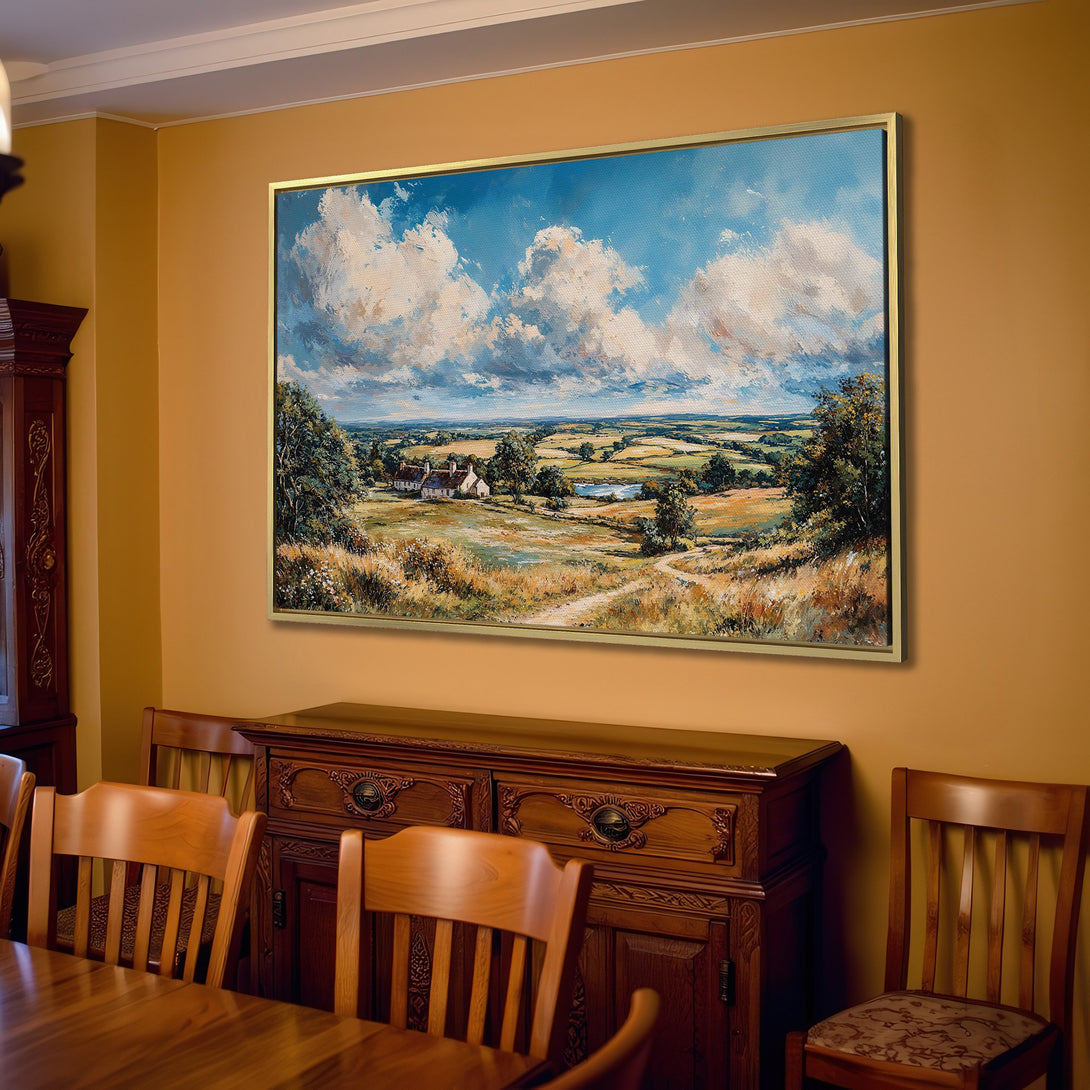 Canvas Print of a serene landscape painting with blue skies, warm earth tones, and a classic, impressionistic style. Perfect wall art for your home.