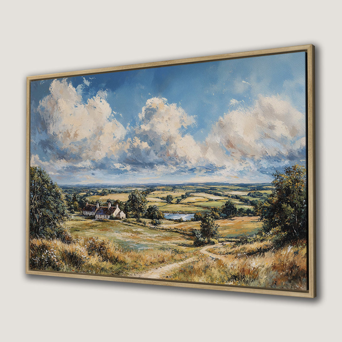 Framed Wall Art: Landscape painting of a countryside scene with a blue sky and fluffy clouds. Warm, earthy tones and impressionistic style.