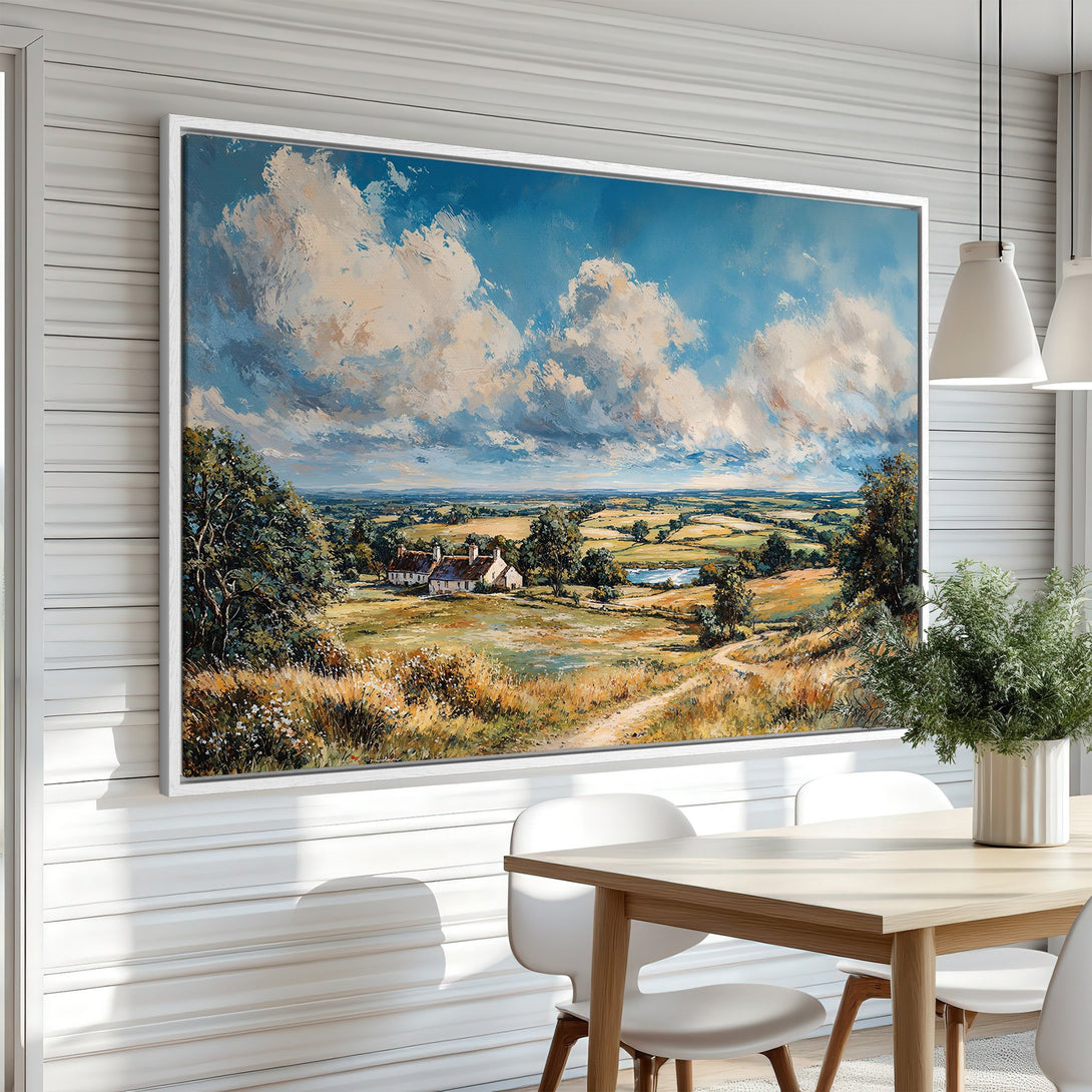 Framed Wall Art: Landscape painting with a vibrant blue sky and rolling hills. A stunning canvas print in a warm, inviting color palette.