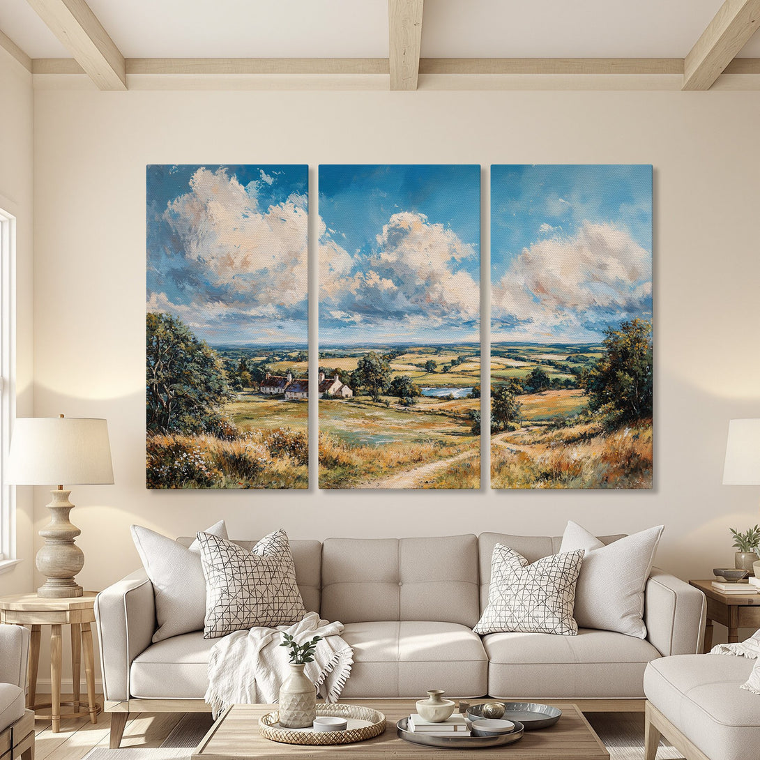Canvas Print of a serene landscape painting in a warm, inviting interior. Features a blue sky, rolling hills, and a natural color palette.